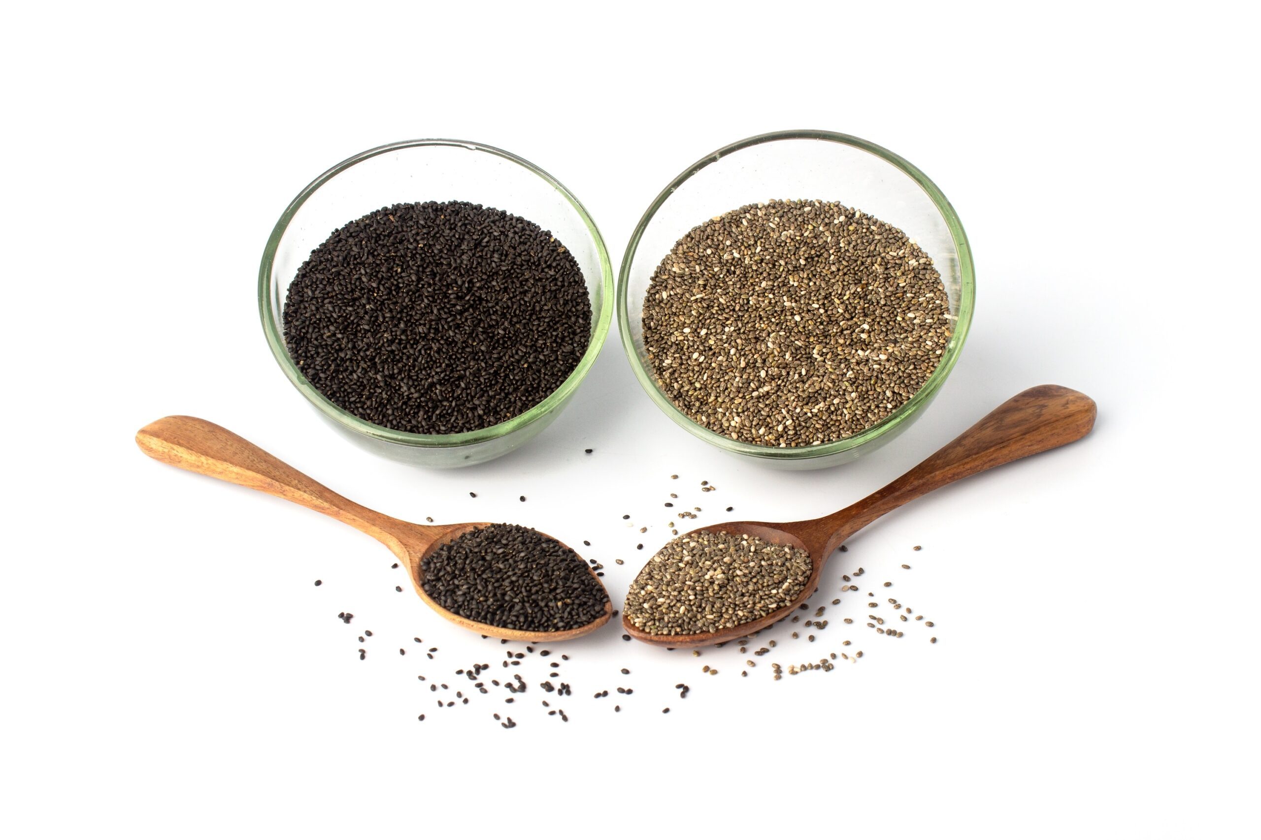 Chia seeds and basil seeds bowl with wooden spoon isolated Cutlery, Spoon, Food
